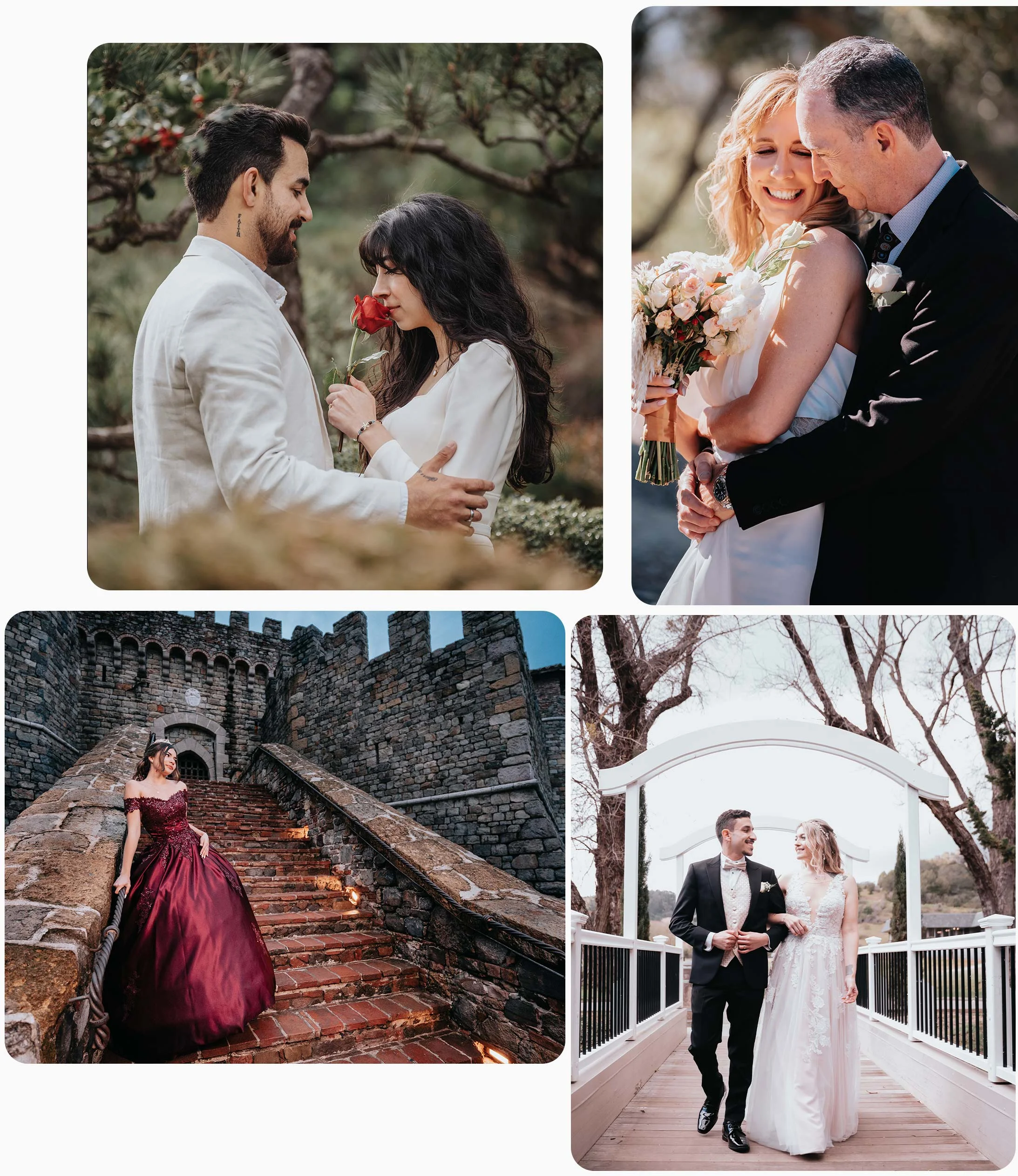 A collage of photos of a bride and groom at a castle, captured by an engagement photographer.
